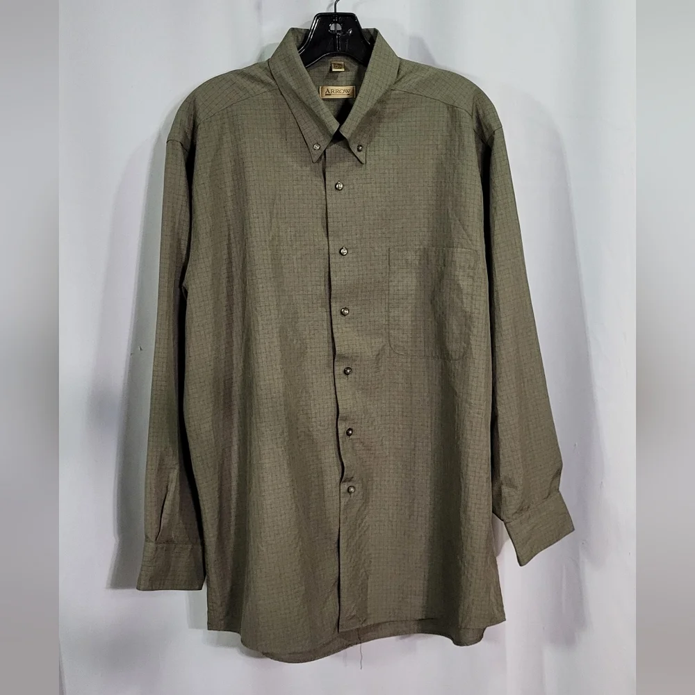 Arrow Men's Green Microtech Striped Button Down Dress Shirt Size Large 16-16 1/2 - Picture 1 of 5